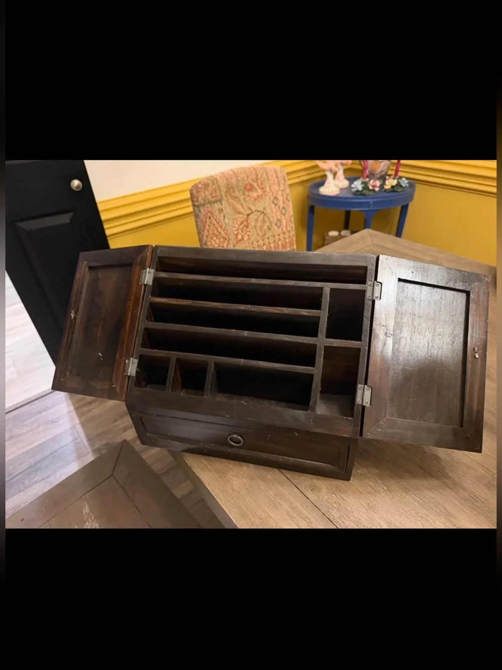 Pottery Barn Dark Brown Wood Desktop Mail Organizer with Doors